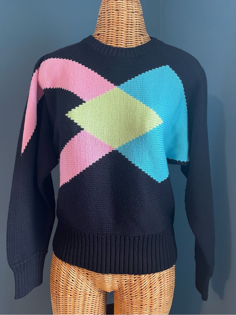 Vintage Obermeyer Ski Sweater Wool Blend 80’s Geometric Neon Diamond Size Small
